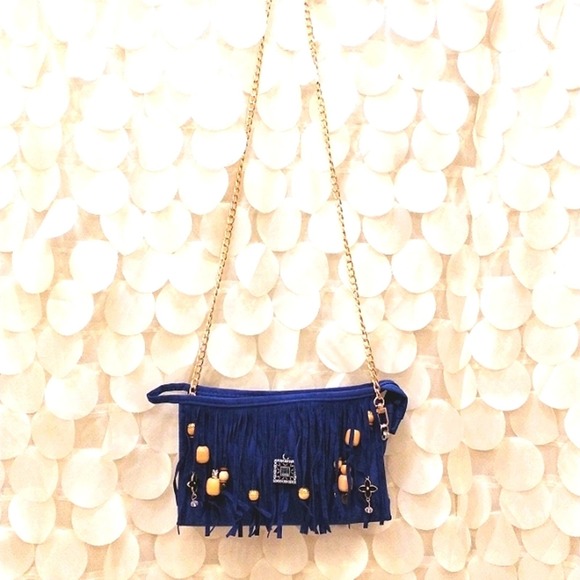 Fringed CROSSBODY BLUE Purse Clutch w Chain Charm Enamel Flower Charm - Picture 2 of 13